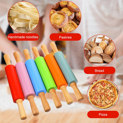 6 Pack 15 Inch Silicone Rolling Pins for Baking, Rolling Pin Non Stick with Wooden Handle, Small Rolling-Pins for Dough, Cookie, Pastry, (6 Colors)