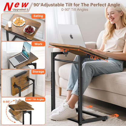 Tv Tray Table Set of 2, 8-Level Adjustable Height Couch Side Table，90° Tilt Angle Adjustments C-Shaped End Table, with Phone & Tablet Slot Sofa Computer Desk for Couch, Sofa, Bed, Chair, Living Room