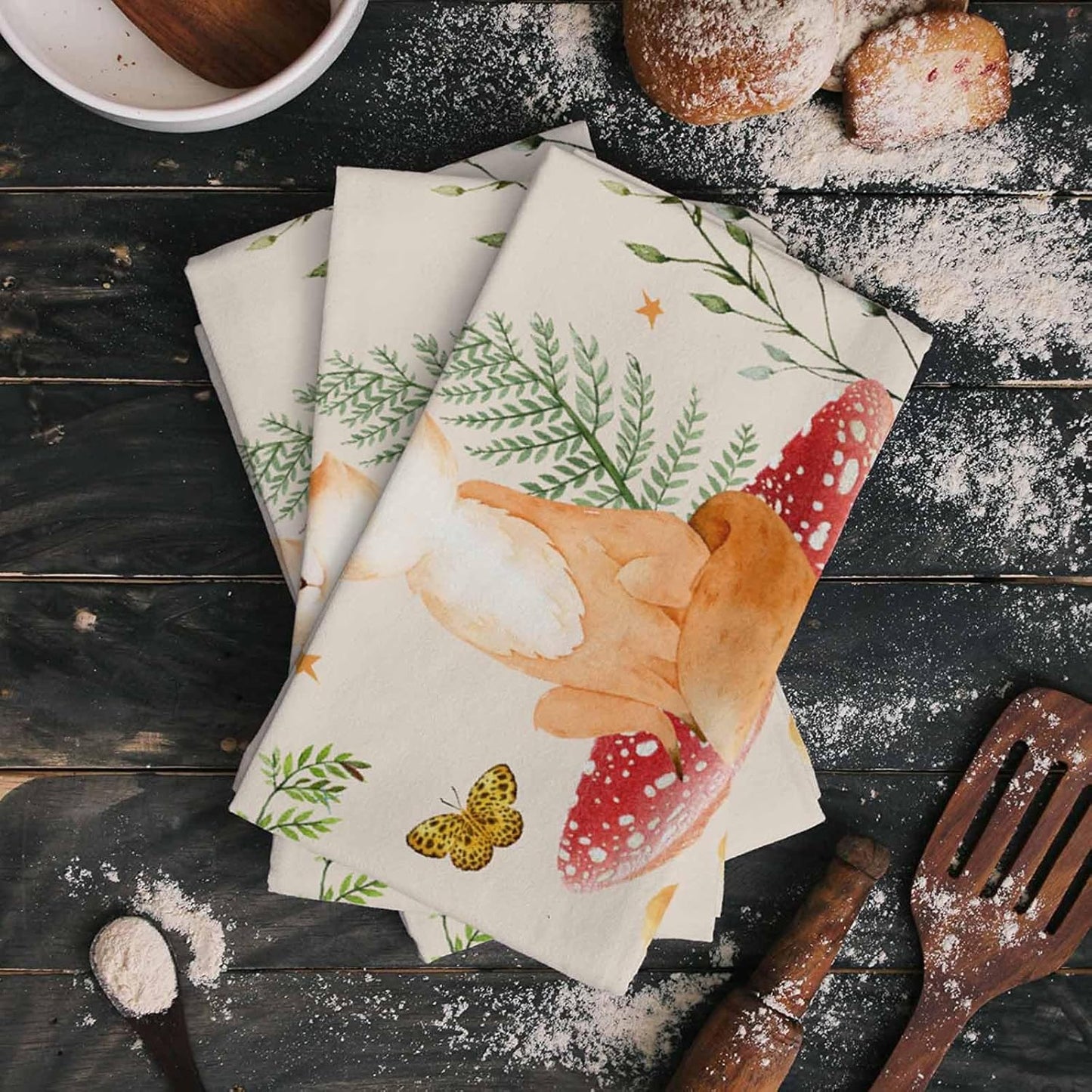 Mushroom Fox Kitchen Towels, Absorbent Microfiber Dish Towels with Eucalyptus Botanical Flower Leaves Herbs (2-PC)