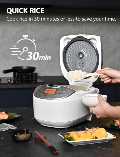 Toshiba Rice Cooker 6 Cup Uncooked – Japanese Rice Cooker with Fuzzy Logic Technology, 7 Cooking Functions, Digital Display, 2 Delay Timers and Auto Keep Warm, Non-Stick Inner Pot, White