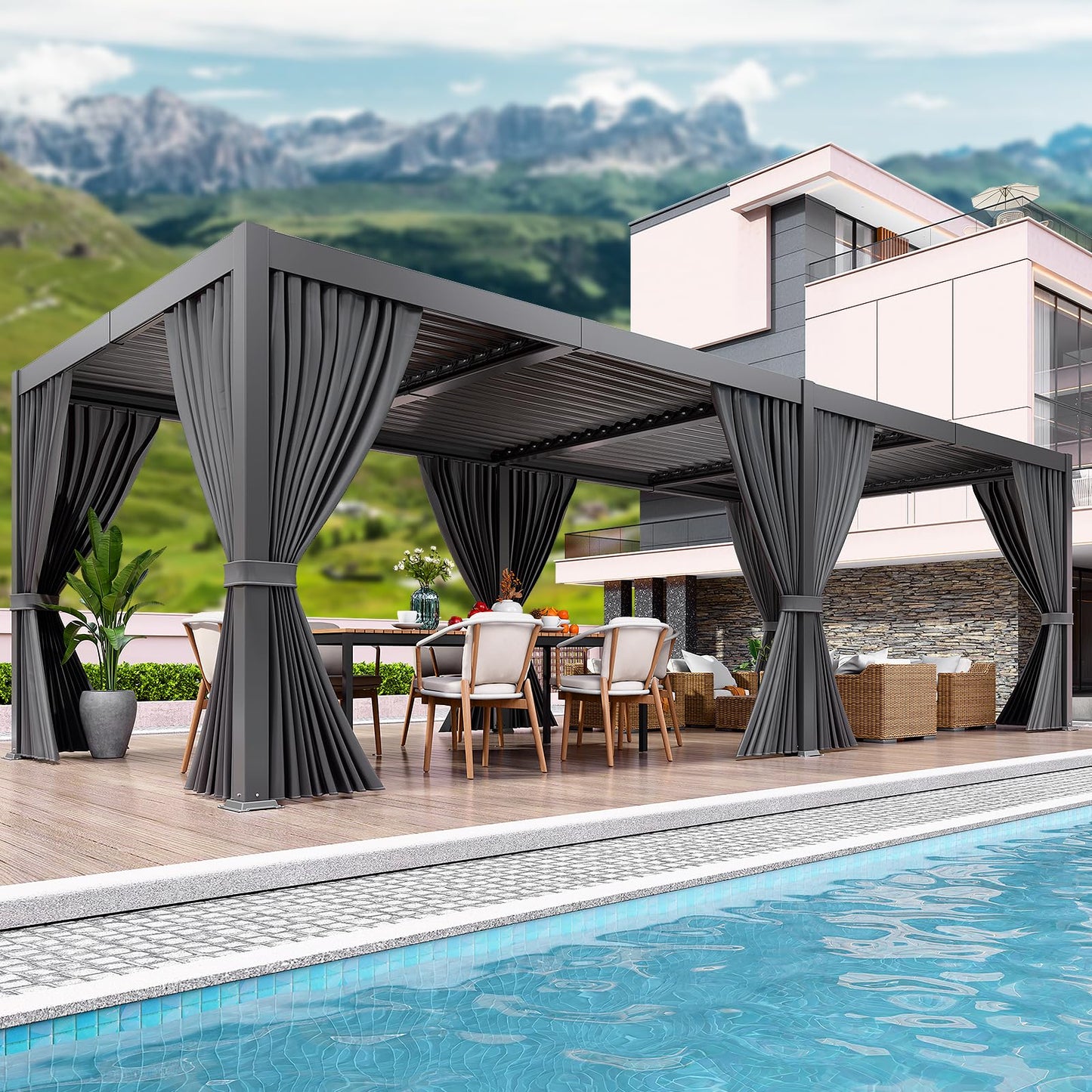 LEVELEVE 10' x 20' Louvered Pergola with Adjustable Roof, Outdoor Metal Patio Gazebo with Curtains & Netting, Gutter System, Large Hardtop Canopy for Garden, Deck, Backyard