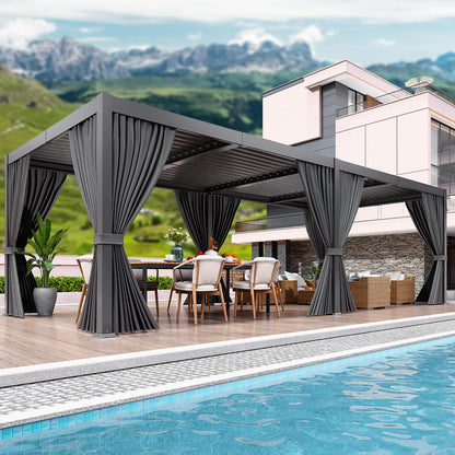 LEVELEVE 10' x 20' Louvered Pergola with Adjustable Roof, Outdoor Metal Patio Gazebo with Curtains & Netting, Gutter System, Large Hardtop Canopy for Garden, Deck, Backyard