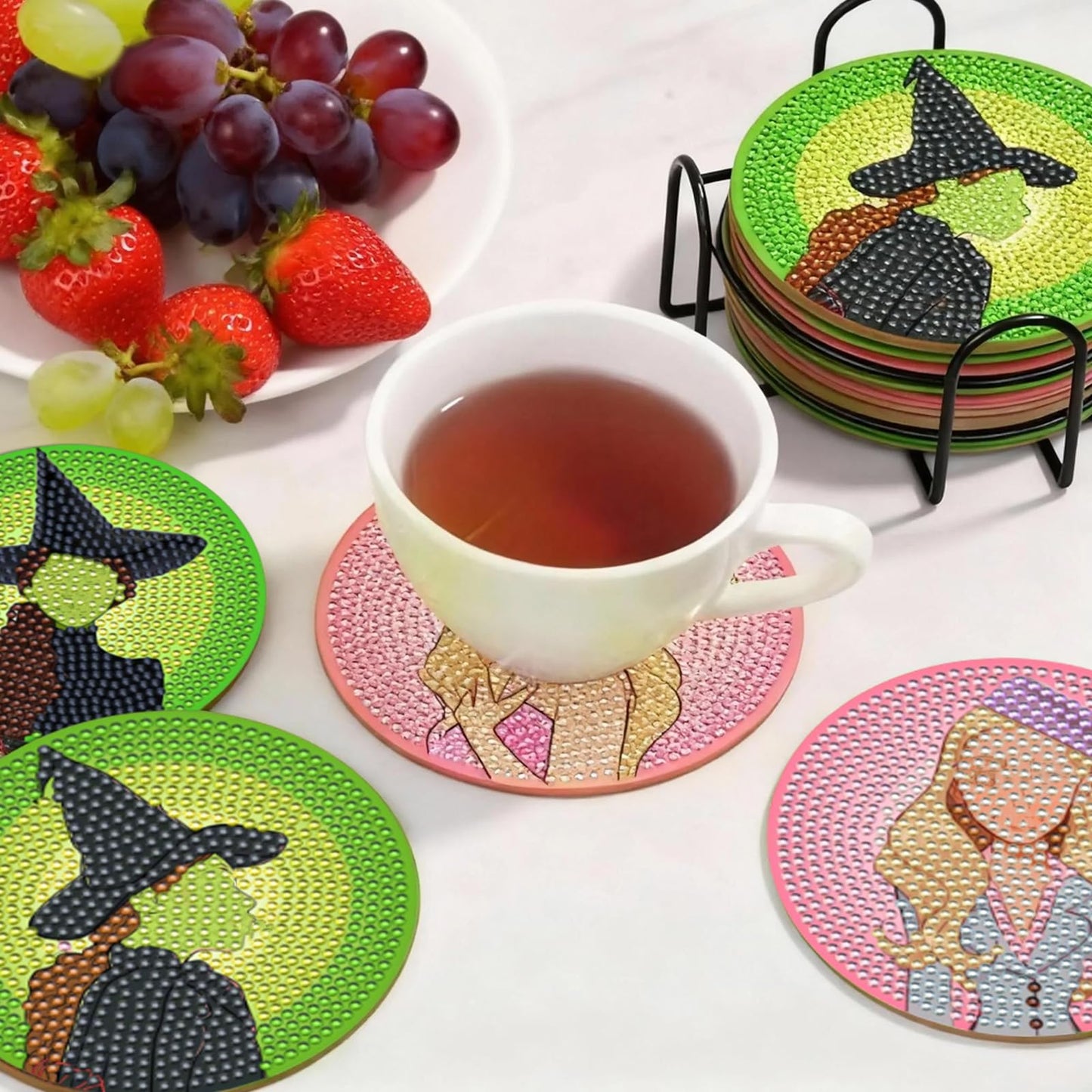 8Pcs Witch Diamond Art Coasters Kit Pink Green Diamond Painting Coasters Kit with Holder Fun DIY Diamond Art Craft for Adults Gifts Office Home Decor Supplies