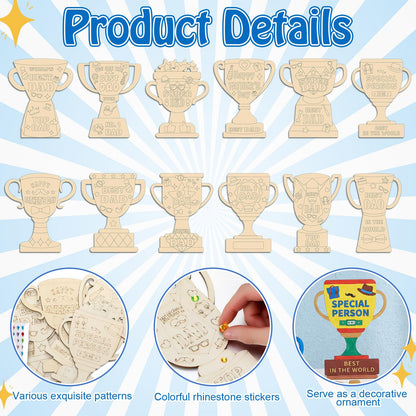 Eaasty 12 Set Father's Day Wooden Trophy Craft Kit 12 Unique Trophy Designs with Acrylic Rhinestone Stickers Paint and Brushes DIY Gifts for Fathers Grandpas Family Classroom Activity Crafts Supplies