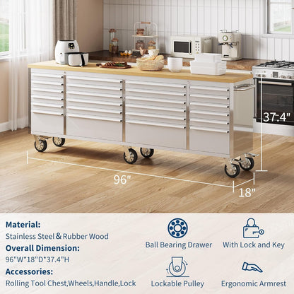 96" Rolling Tool Chest, 24 Drawers, Solid Rubber Wood Workbench Top, Locking Wheels and Key Lock, Mobile Garage Storage Cabinet, Heavy Duty Mobile Organizer for Workshop, Silver