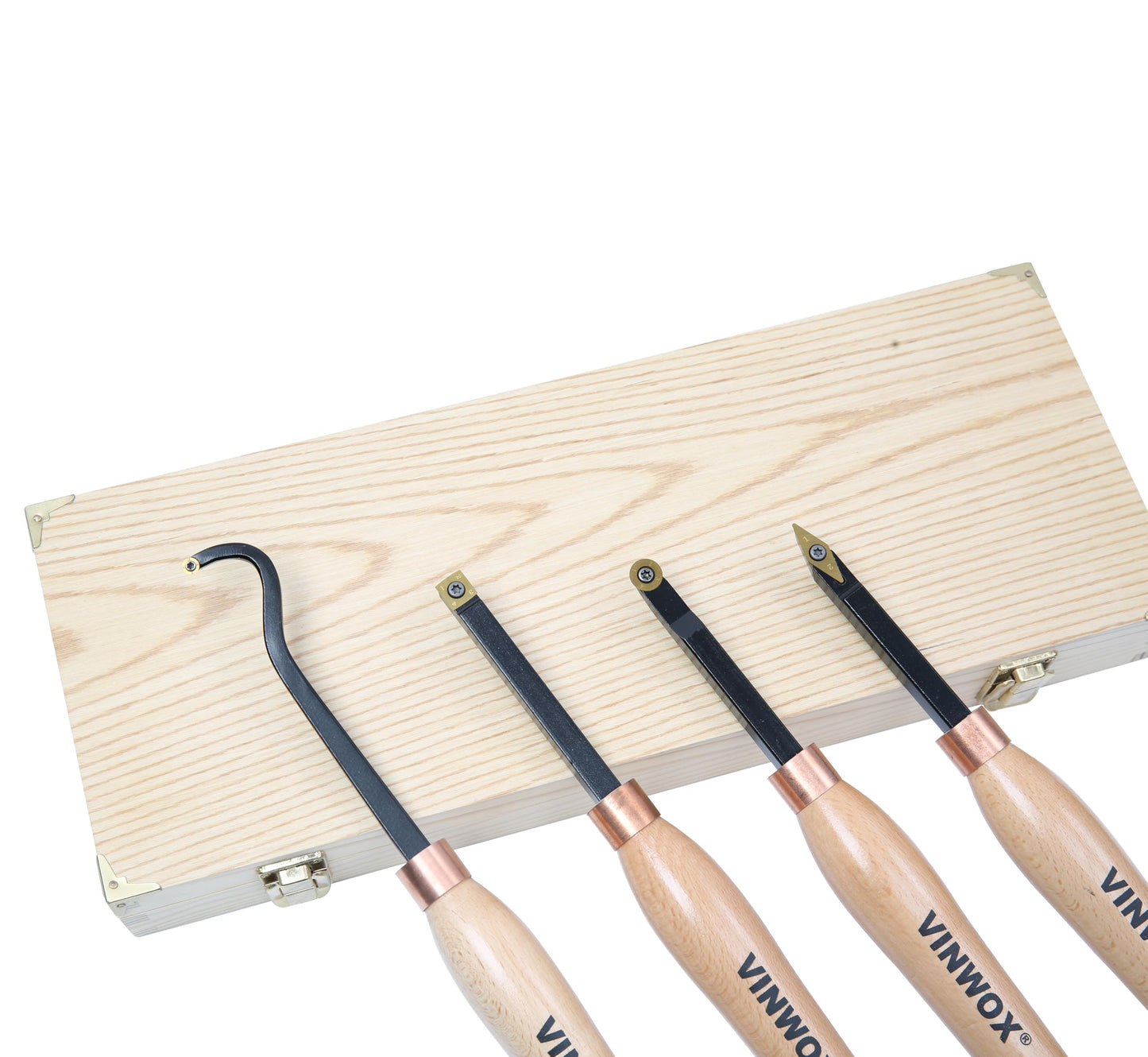 VINWOX 13.5" 4 PCS Carbide Wood Lathe Turning Tool Set, Pen Turning tool, Including Swan Neck Hollower, Rougher, Finisher, Detailer, Titanium Coated Carbide Blades 2X Service Life, Beech Wood Handle