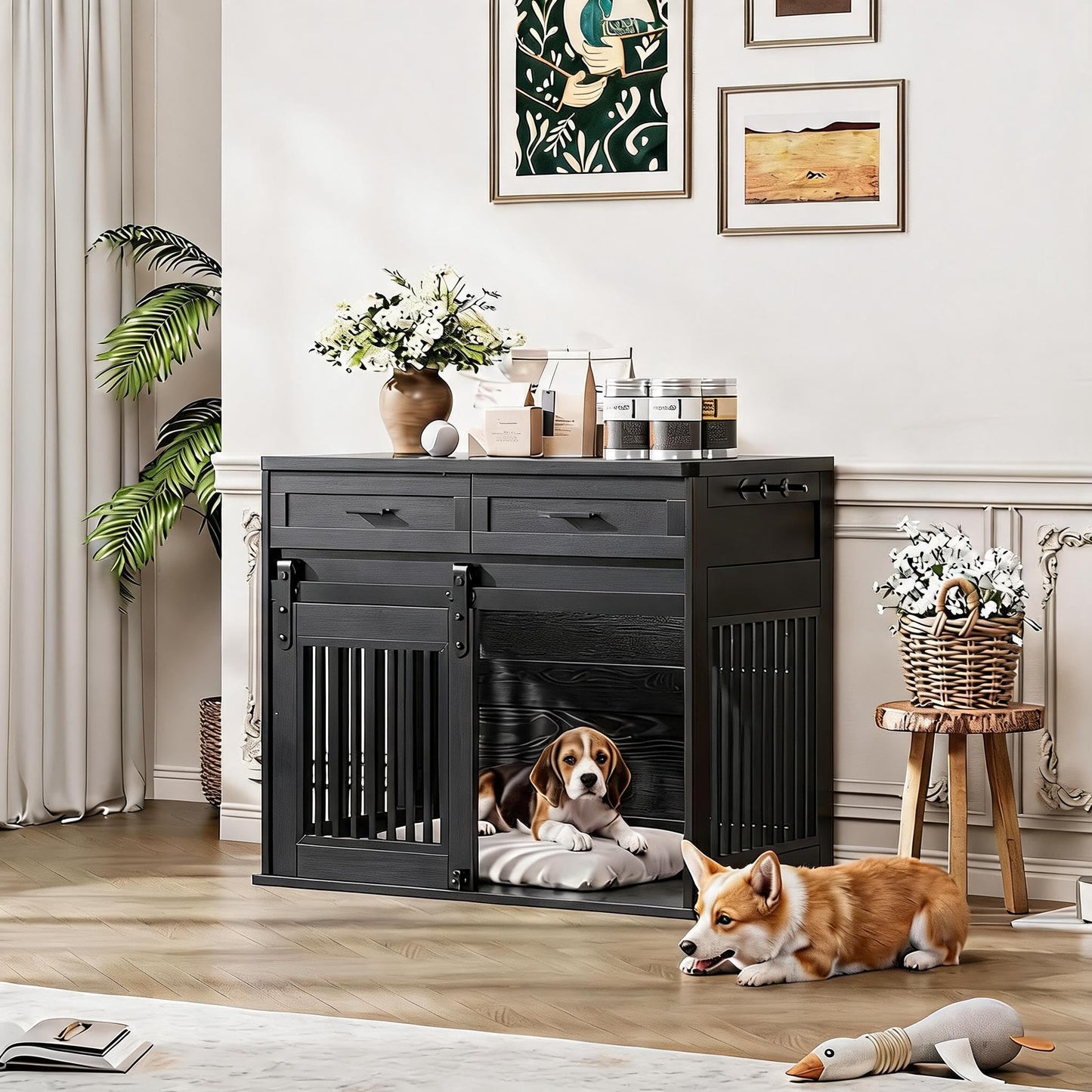 44.5''Large Dog Crate Furniture with 2 Storage Drawers,Heavy Duty Dog Kennel Indoor with Hook,Dog Kennel End Table TV Stand, Farmhouse Style Dog Crates with Sliding Barn for Medium/Large Dogs,Black