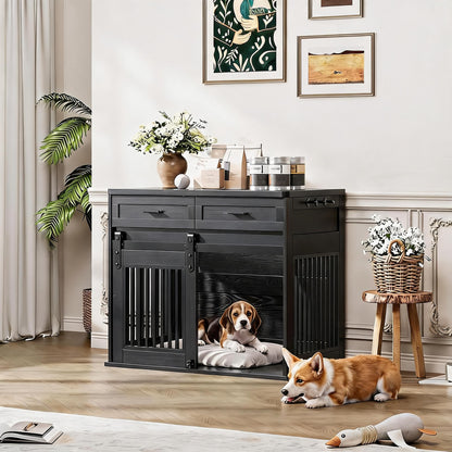 44.5''Large Dog Crate Furniture with 2 Storage Drawers,Heavy Duty Dog Kennel Indoor with Hook,Dog Kennel End Table TV Stand, Farmhouse Style Dog Crates with Sliding Barn for Medium/Large Dogs,Black