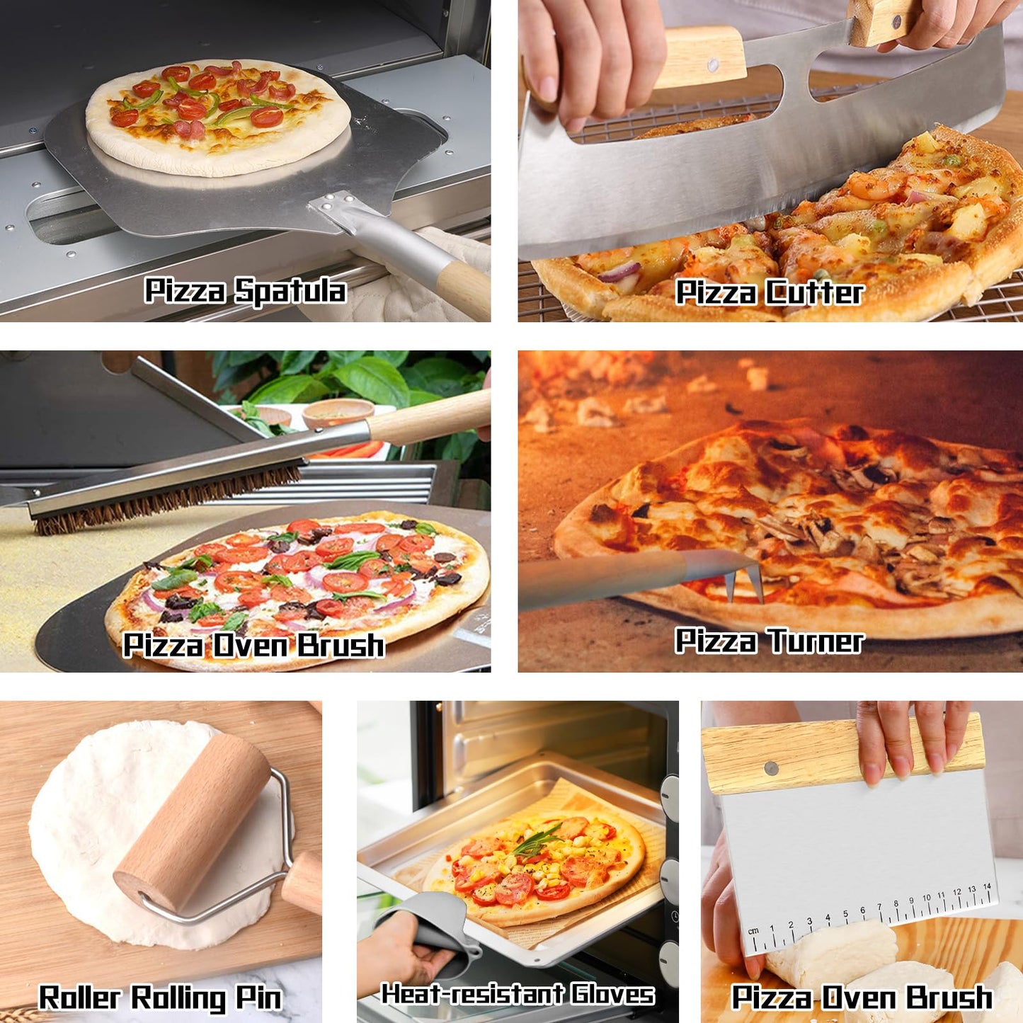 The 7-piece pizza oven accessory set is perfect for making pizza. Comprises a pizza shovel, an oven brush, a bubble Popper deformer, a rocking knife, a silica gel clamp, a dough roller and a scraper.