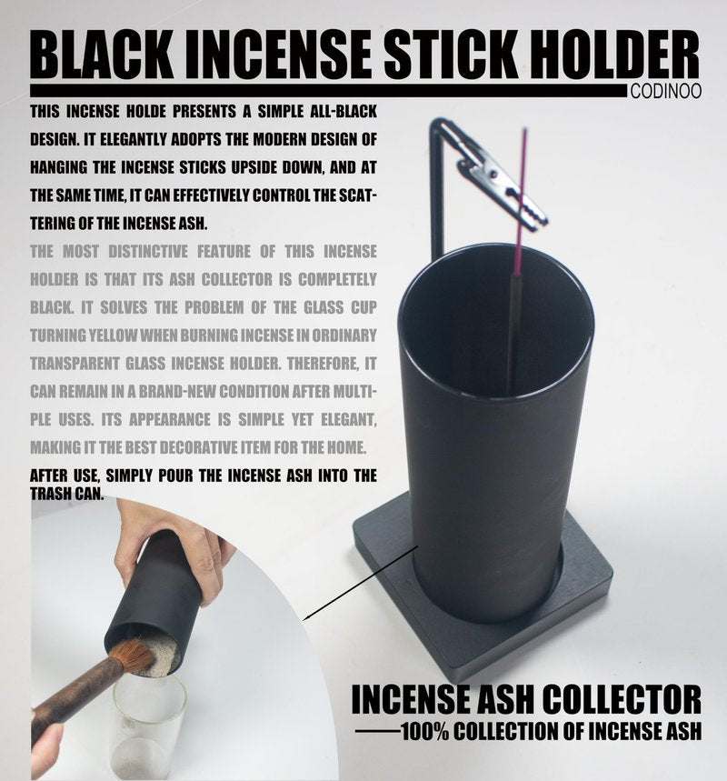 CODINOO Incense Holder for Sticks,Incense Burner Holder,Modern Incense Holder for Stick with Glass Ash Catcher,Insence-Stick Holder [Anti-Ash Flying] for Yoga Spa (Upside Down Full Black)