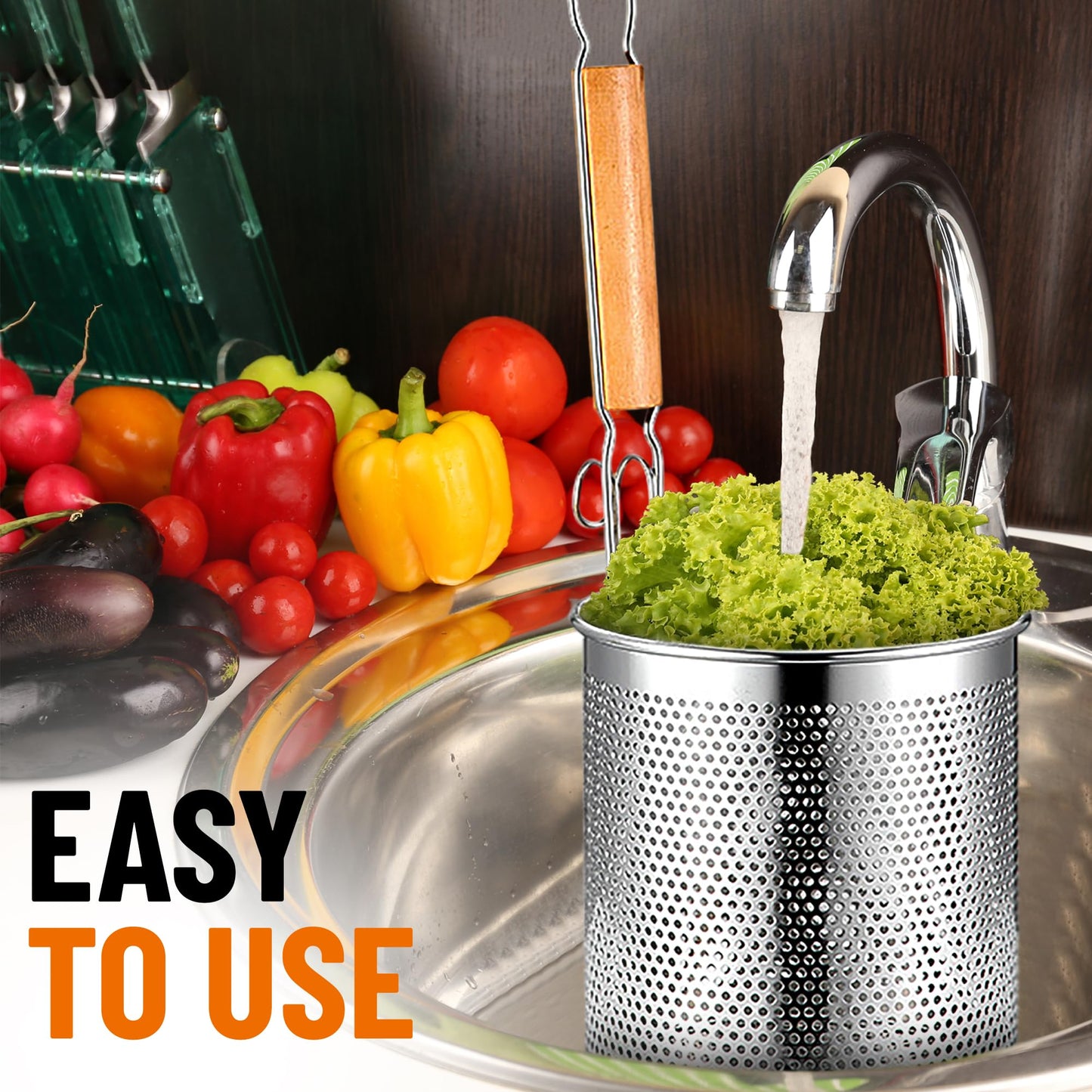 NSDXK 2 Pack Pasta Basket, Stainless Steel Mesh Noodle Strainer Basket with Wooden Handle, for Boiling Food, Pasta, Noodles, Dumpling, Ramen, 4.3''D x 5.7''H