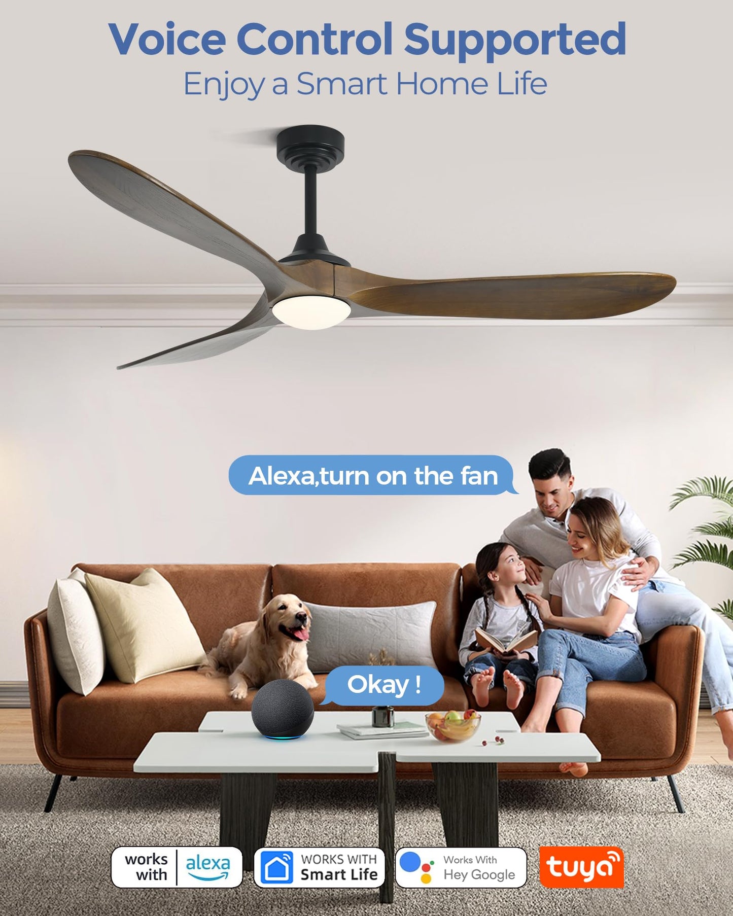 Ombrin 72 inch Outdoor Ceiling Fans with Lights,Smart Wood Large Ceiling Fan for Alexa,Google & APP Control,Indoor/Outdoor,3 Blades,3CCT Dimmable,Bronze Walnut,Downrod Mount for Patio Porch