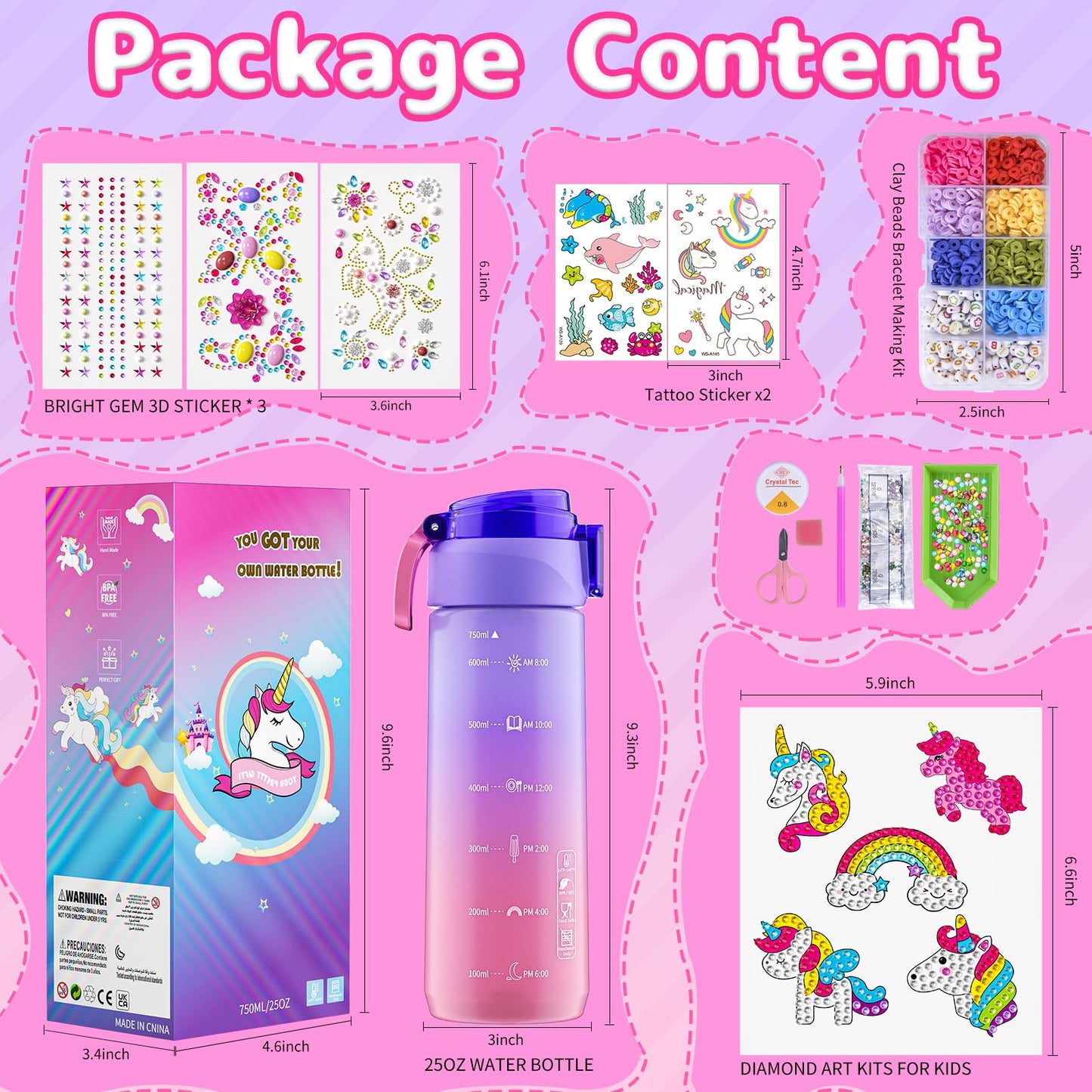 BOOH Gifts for Girls 4-12, Decorate Your Own Water Bottle Kits for Girls, Unicorn Diamond Painting Toys & Friendship Bracelet Kit, Fun Arts Crafts for Kids Ages 4-6-8-10, Birthday Gifts Toys for Kids