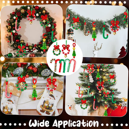 AWHETIE Christmas Crafts for Adults Kids,55 Sets Christmas Beaded Ornament Kit,Including 20 Pcs Wreath with Bell/5 Pcs Tree/30 Pcs Candy Cane,Holiday Tree Decorations Party Supplies