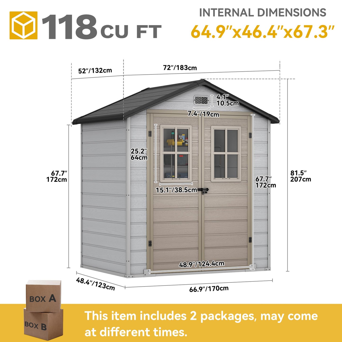 DWVO 6x4.4 FT Outdoor Storage Shed, Plastic Garden Tool Shed with 2 Windows, Double-Wall Outside Shed for Lawn Mower, Garden Shed for Backyard Patio, Lockable, Greige&Gray