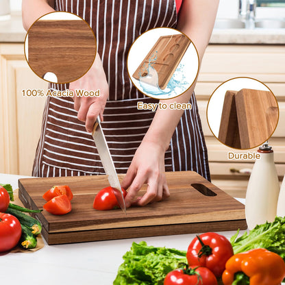 Large Acacia Wood Charcuterie Boards with Containers，33×12Inch Foldable Serving Tray for Kitchen Serving Tray Dessert Fruit Charcuterie Party