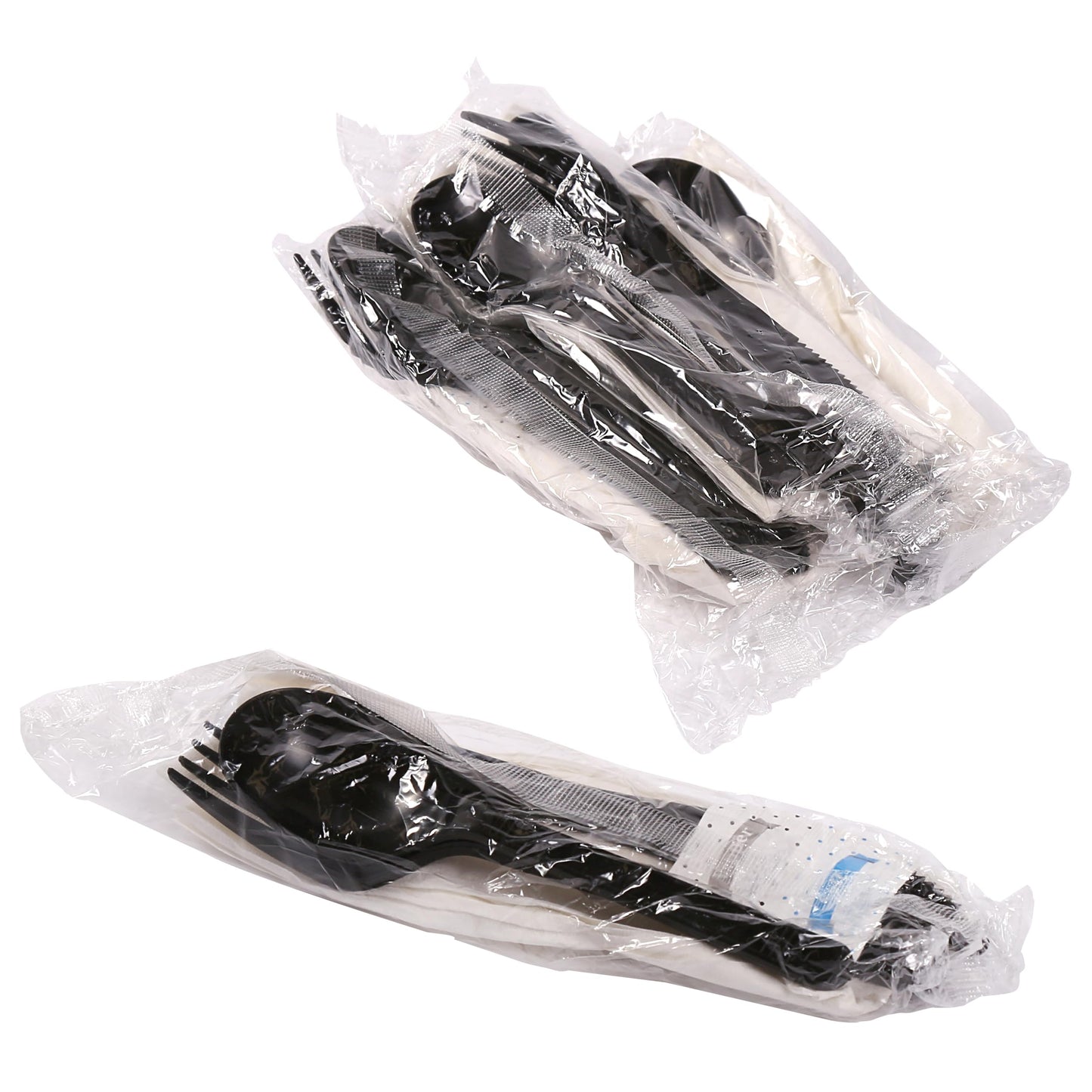AmerCareRoyal 6-in-1 Disposable Silverware Medium Heavy Weight Plastic Utensil Set with Teaspoon, Fork, Knife, Salt & Pepper, 12x13 Napkin - Individually Wrapped Cutlery Meal Kit, Black, Case of 250