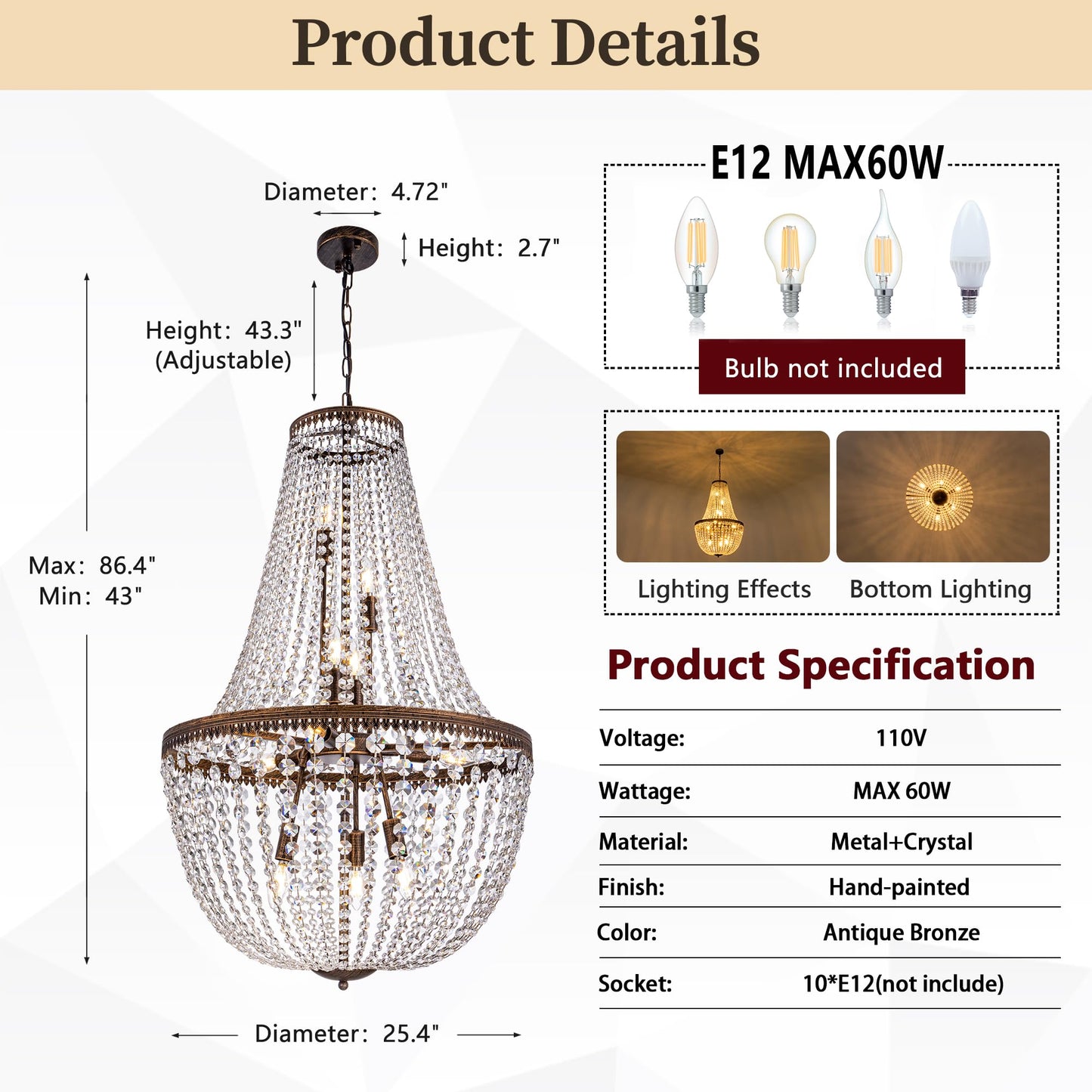 Wellmet French Empire Crystal Chandelier Farmhouse Antique Bronze Chandeliers Light Fixture, 10 Lights Adjustable Pendant Light for Dining Living Room, Bedroom, Entryway, Kitchen, Foyer, 25.4" W