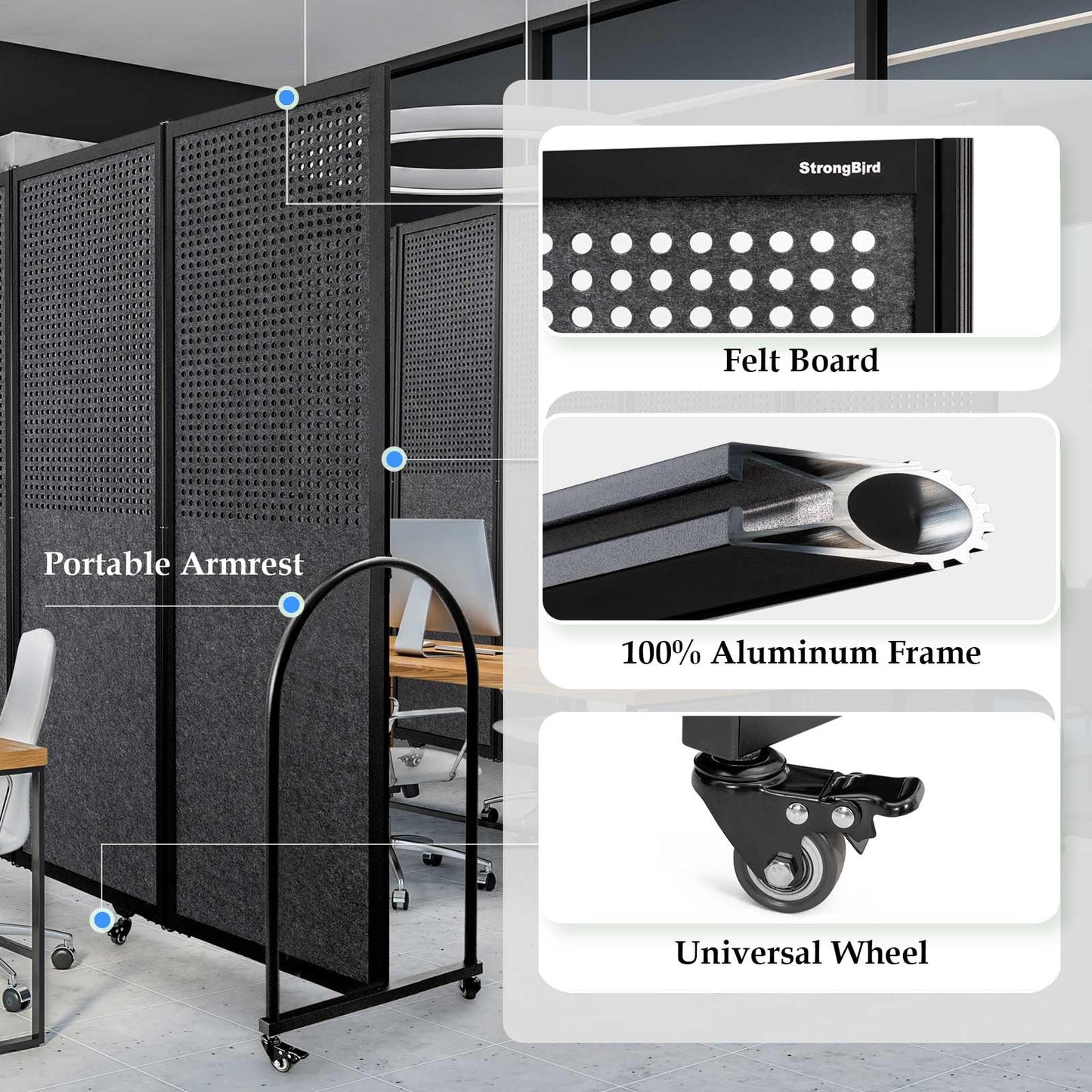 Folding Room Partition,Freestanding Privacy Divider,Portable Office Divider Wall,Commercial Space Partition Screen,Perforated Felt Panel Design,14'3"L* 6'7"H,7 Panel,Dark Grey