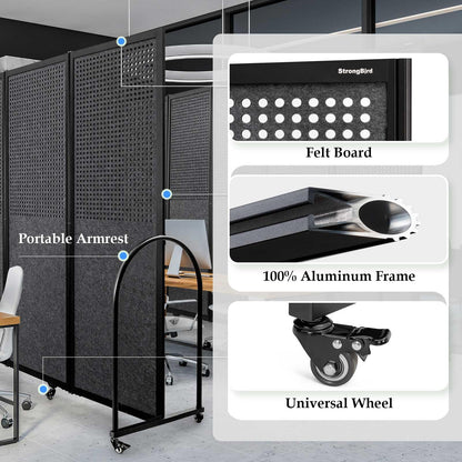 Folding Room Partition,Freestanding Privacy Divider,Portable Office Divider Wall,Commercial Space Partition Screen,Perforated Felt Panel Design,14'3"L* 6'7"H,7 Panel,Dark Grey