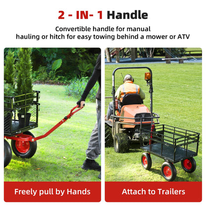 1400 LBS Steel Garden Yard Cart, Heavy-Duty Metal Garden Wagon Convertible 2-in-1 Handle and Removable Sides to Convert into Flatbed Lawn and Utility Wagons Cart