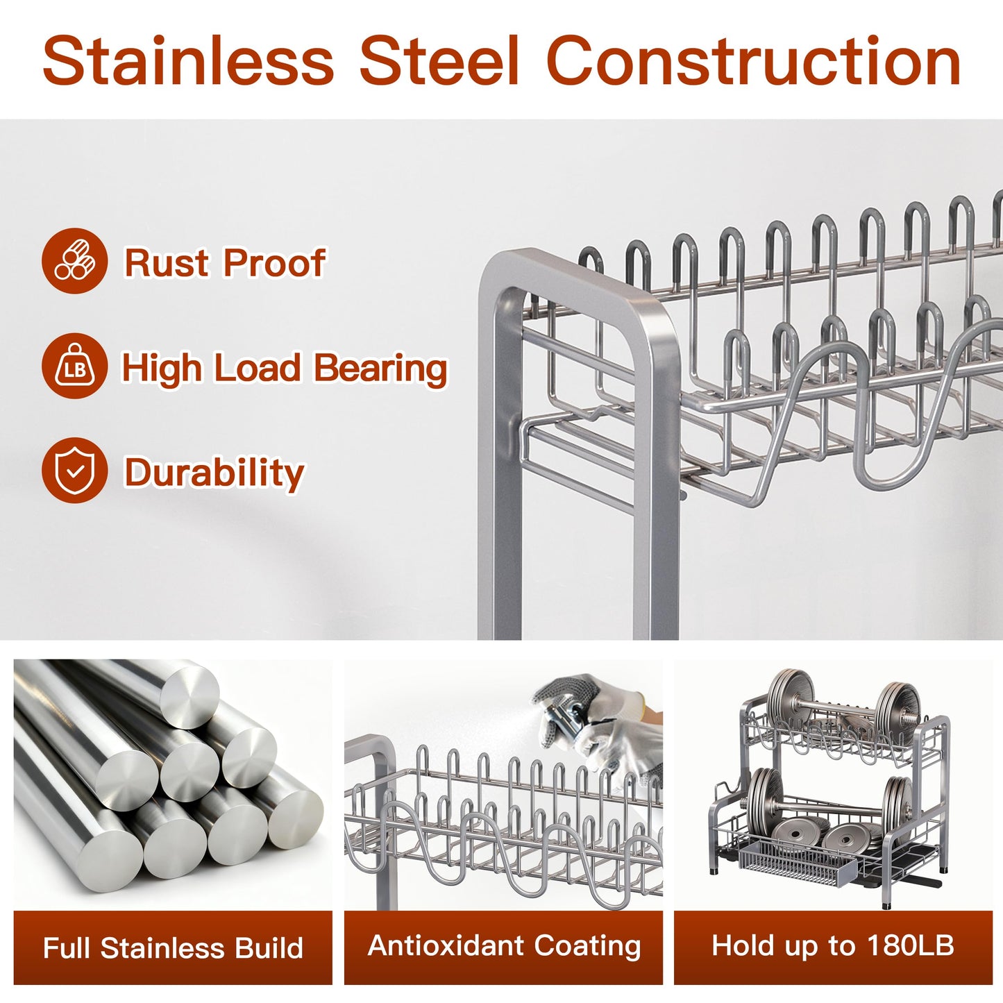 2 Tier Dish Drainer Drying Rack for Kitchen Counter, Large Stainless Steel Dishes Dryer with Drainboard, Space Saving, Big Rustproof Metal Modern Countertop Plates Strainer with Utensil Holder, Sliver