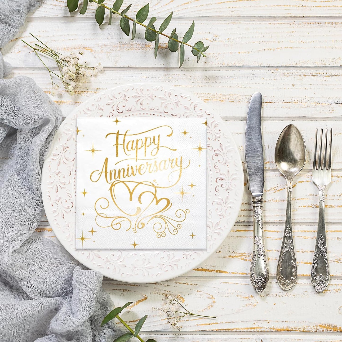 25Pcs 3-Ply 25th 50th 5 5 LeZakaa Happy Anniversary Paper Napkin, Gold Foil Cocktail Beverage Bar Square Disposable