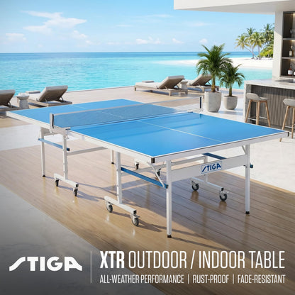 STIGA Outdoor Table Tennis Table – All-Weather Waterproof Aluminum Ping Pong Table with Net & Post, QuickPlay Assembly, 108" L x 60" W x 30" H, White-Blue