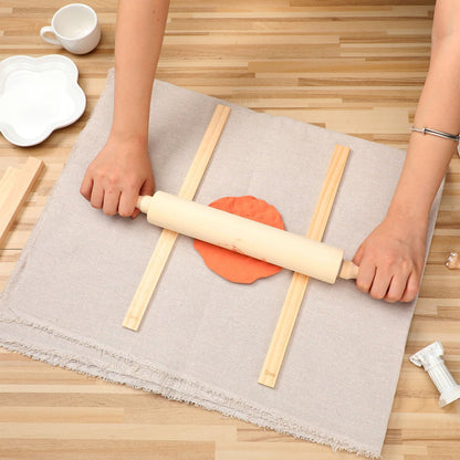 Newtay 12 Pcs Pottery Tools Include 1 Wood Rolling Pin Sculpting Polymer Clay Tools 1 Portable Pottery Wedging Board/Linen Tablecloth and 10 Pcs 5 Size Teaching Rolling Mud Stick Guide (Tablecloth)