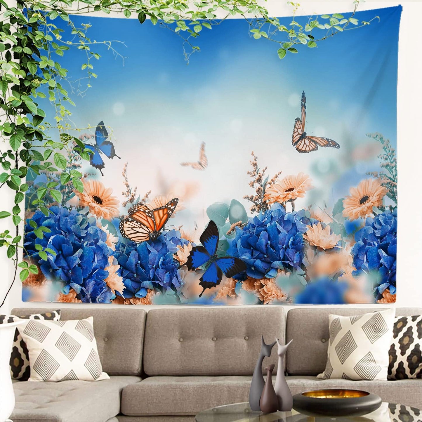 Batmerry Yellow and Blue Floral Tapestry, Colorful Butterflies on Yellow Background, 51.2 x 59.1 Inches
