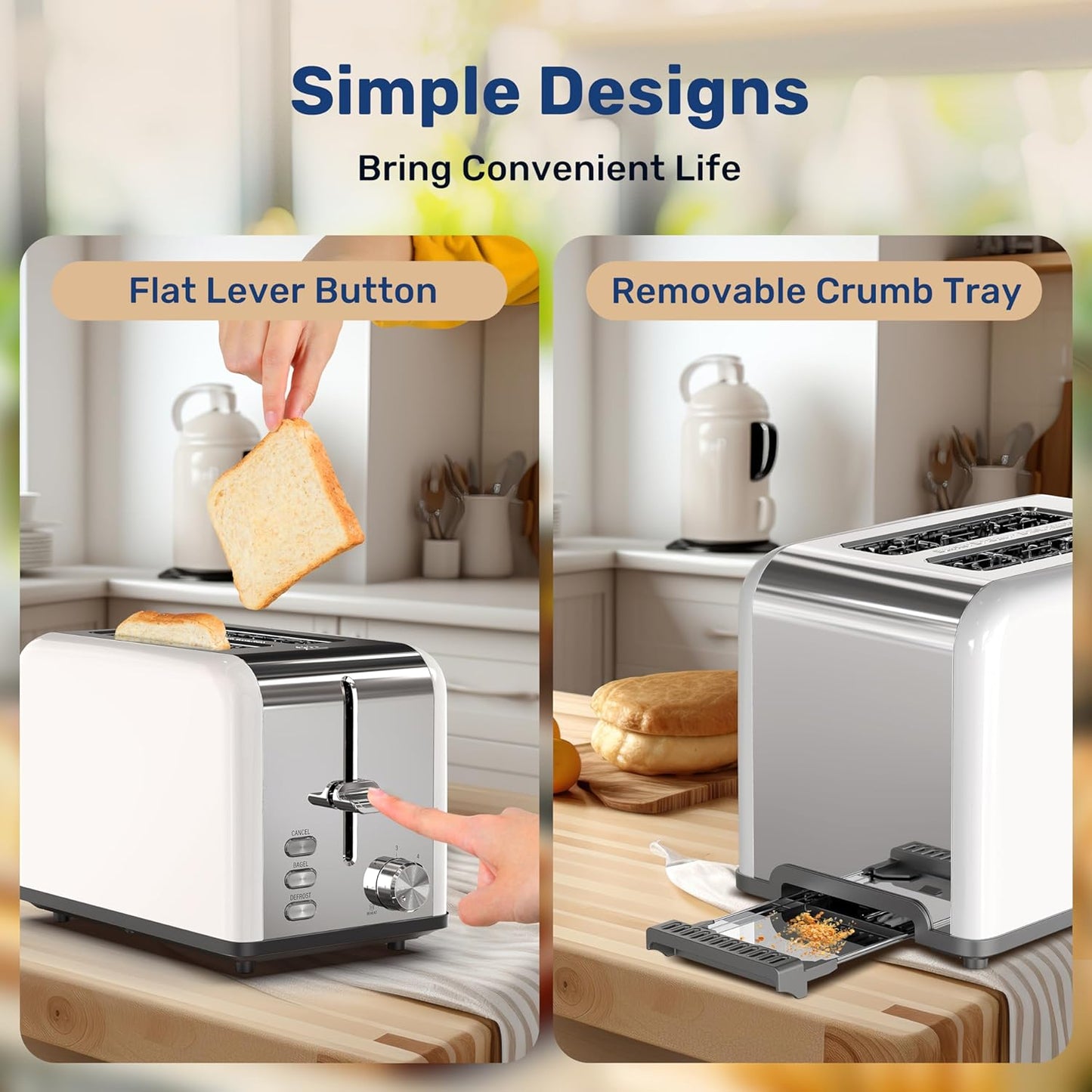 YSSOA 2-Slice Toaster - White, 6 Browning Settings, 3 Functions, Extra Wide Slot & Removable Crumb Tray for Bread &