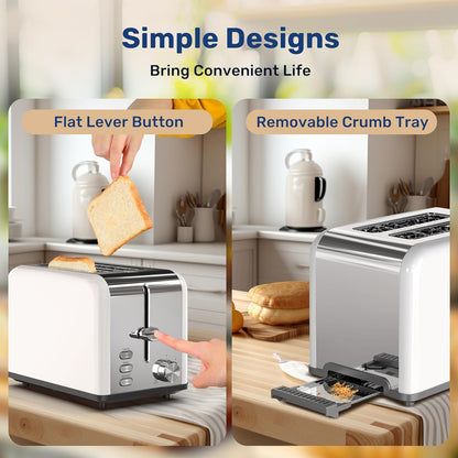 YSSOA 2-Slice Toaster - White, 6 Browning Settings, 3 Functions, Extra Wide Slot & Removable Crumb Tray for Bread &