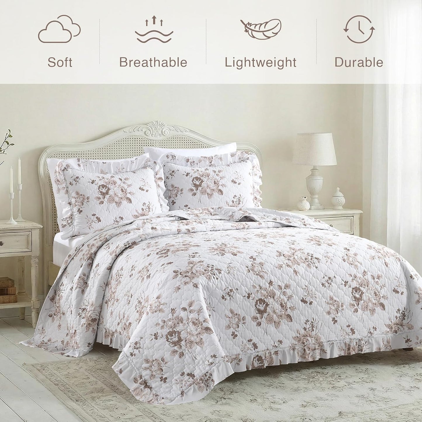 1 2 68x86 inches HORIMOTE HOME Khaki Ruffled Quilt Twin Size with Pillow Sham, Shabby Chic Floral Printed Reversible