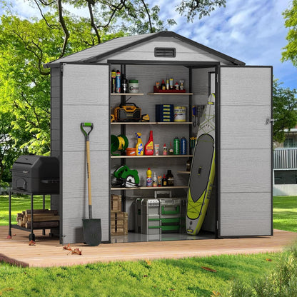 5.5x4 FT Resin Storage Shed with Floor, Easy Assemly Outdoor Small Plastic Shed with 2 Doors & 2 Windows, Locable Storage Garden Shed for Bike Lawn Mower Garbage Can