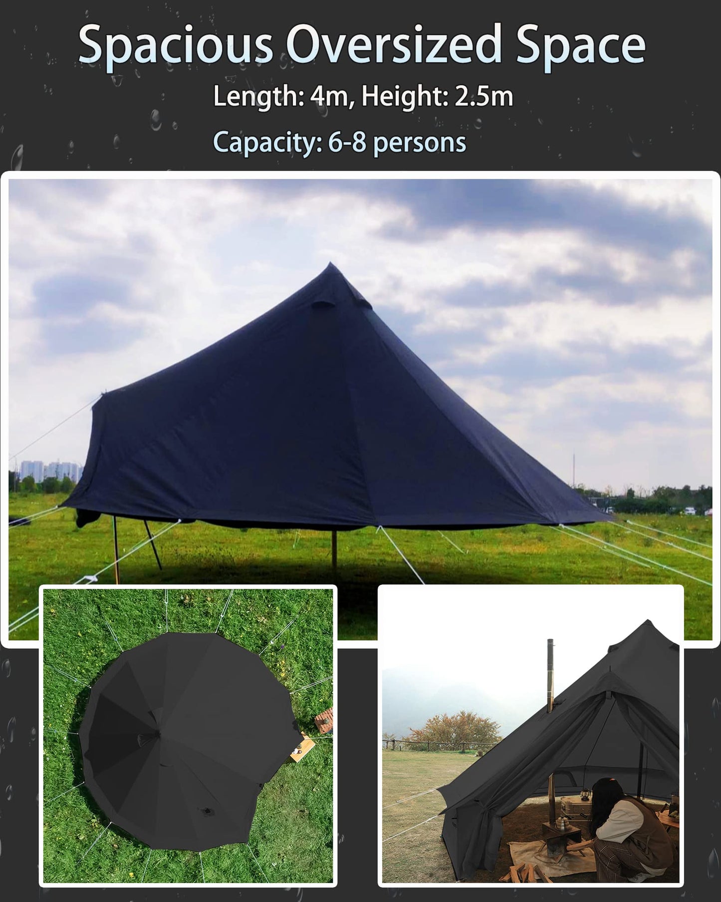 Kanggogo Canvas Tent,Bell Tent Yurt with Stove Jacks,Luxury Glamping Tent,Zipped Removable Floor for Glamping Truck Car Camping,Breathable/Windproof/Family Camping All Year Living 4/5person(Black-13')