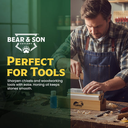 Gatco Arkansas Tri-Hone Sharpening Stone System – 3 Grit Knife Sharpening Kit with Soft, Medium & Coarse Stones, Honing Oil & Wood Base for Knives, Chisels, Blades, Straight Razors & Outdoor Tools