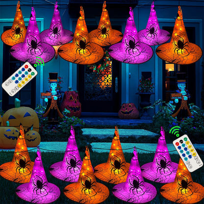 WATERGLIDE 2Pack Halloween Decorations, 8Pcs Each Lighted Hanging Witch Hats, Remote Control with 8 Modes Light Up 14 FT Halloween String Lights, for Indoor Outdoor Yard, Lawn, Graveyard Scenes Party