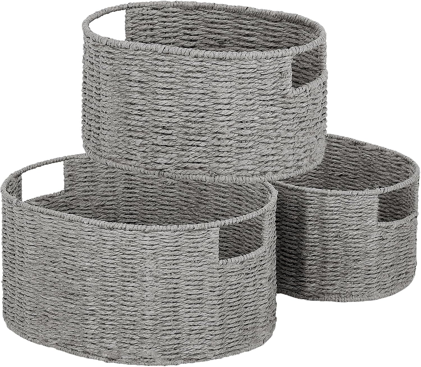 Vagusicc Set of 3 Wicker Storage Baskets - Hand-woven Round Large Baskets for Organizing, Grey Storage Decor