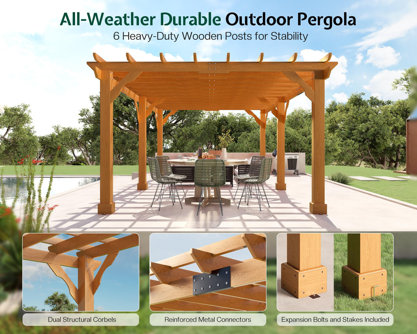 Jocisland 12x20 FT Premium Cedar Wood Pergola with Trellis Roof & Weather-Resistant Support, Outdoor Pergola Kit with Stakes, Garden Gazebo for Patio, Backyard & Events, Reddish-Brown