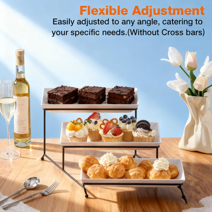 Farielyn-X 3 Tier Serving Tray, 12" White Plastic Tiered Food Serving Platters, Reusable Tray Stand Black Collapsible Metal Stand with Stable Cross Bars, Party Display Stands for Veggie Fruit, Dessert