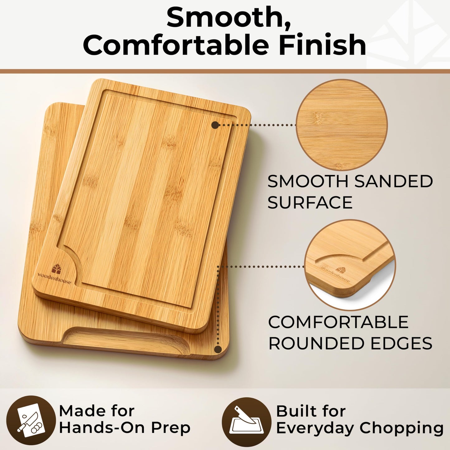 Set of 3 Bamboo Cutting Boards for Kitchen - Thick & Durable Wood Cutting Boards Set with Deep Juice Grooves & Build-in Handles, Large Surface, Easy to Clean – for Meat, Vegetables and Fruits