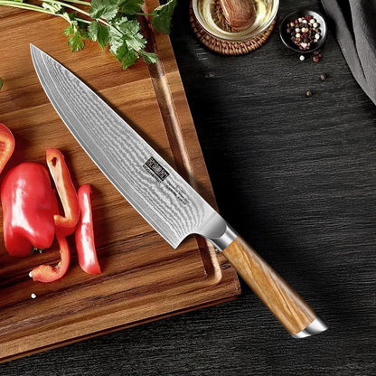 HOSHANHO 5 Pieces Kitchen Knife Sets, Ultra Sharp Professional Damascus Super Steel Chef Knives Sets with Ergonomic Olive Wood Handle, Including Chef, Bread, Santoku, Utility & Paring Knives