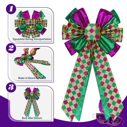 2 Pcs Mardi Gras Bows for Wreaths Decorations,12”x20” Large Glitter Tree Topper Bow Decor for Holiday Party Wall Home Front Door Float Golf Cart Gold Green Purple