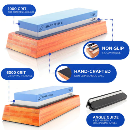 Sharp Pebble Premium Whetstone Knife Sharpening System – 1000/6000 Grit Whetstone Knife Sharpener & Honing Kit with Angle Guide & Non-Slip Bamboo Base – Guided Beginner Instructions