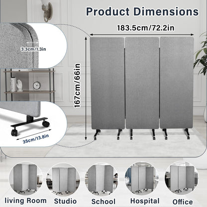 72" X 66" Partition Room dividers, 3 Panel Sound Proof Dividers for Office Partitions, Room Divider Privacy Panel with Wheels, Portable Temporary Wall for Office, Studio, School, Hospital(Light Gray)