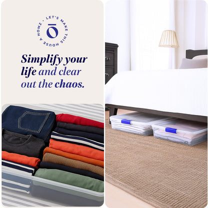 HOMZ 2-Pack Under Bed Storage, Clear Plastic Containers with Lids, 56 Quart, Blue Latch - Stackable Underbed Organizer Bins for Shoes, Bags, Clothes, and Towels