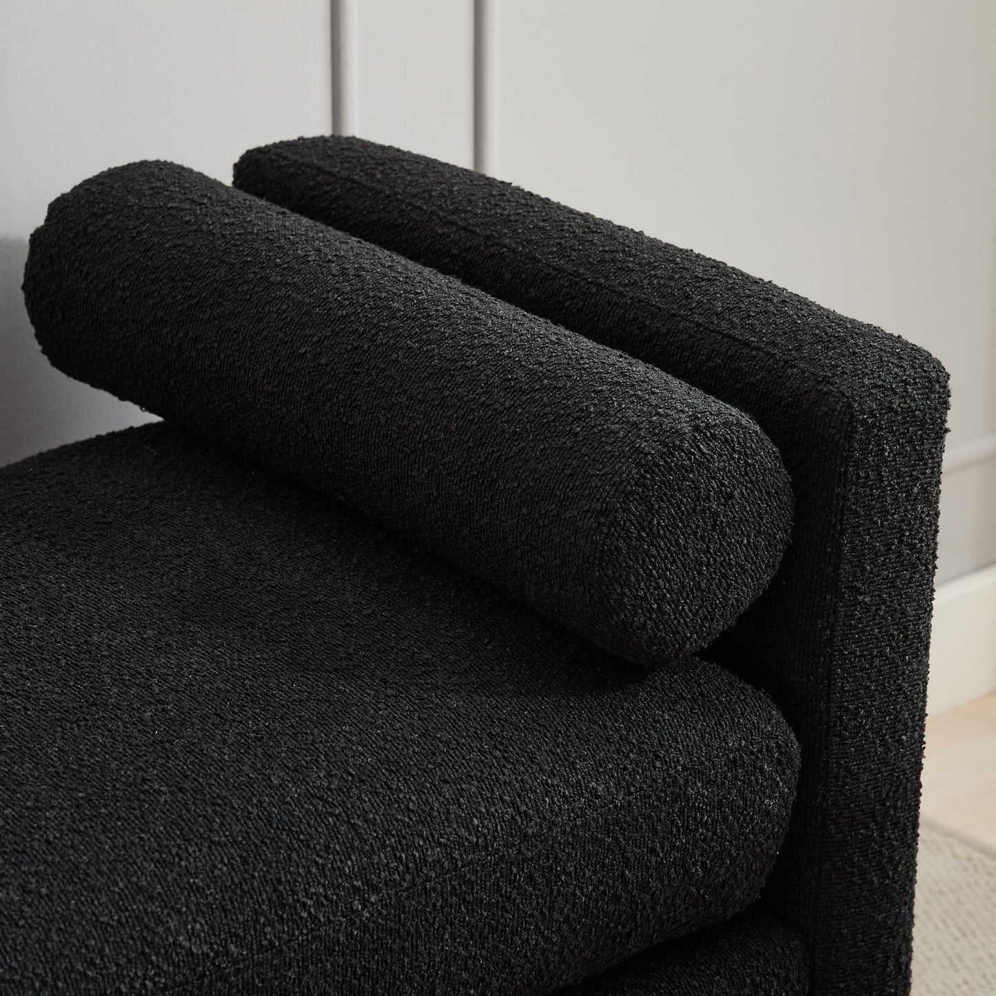 KEIKI Oversize Boucle Bench Ottoman with 2 Bolster Pillows & Wood Legs, Upholstered End of Bed Daybed Seating, Foot Rest Stool Furniture for Bedroom, Living Room, Entryway, Black