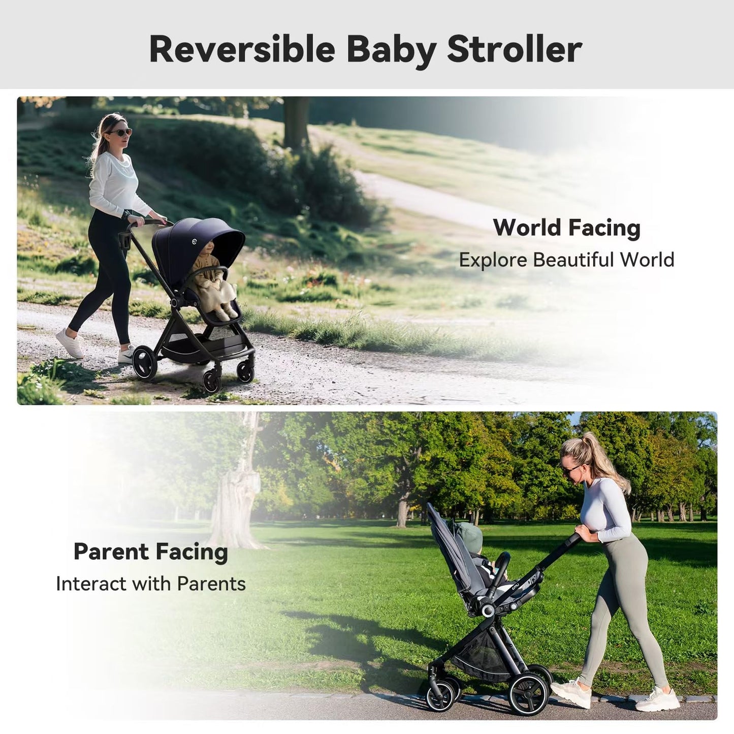 ELITTLE EMU Baby Stroller with Reversible Seat Full-Size Infant Stroller with Full Recline Cockpit Compact Foldable Toddler Carriage for Outdoor City - Black