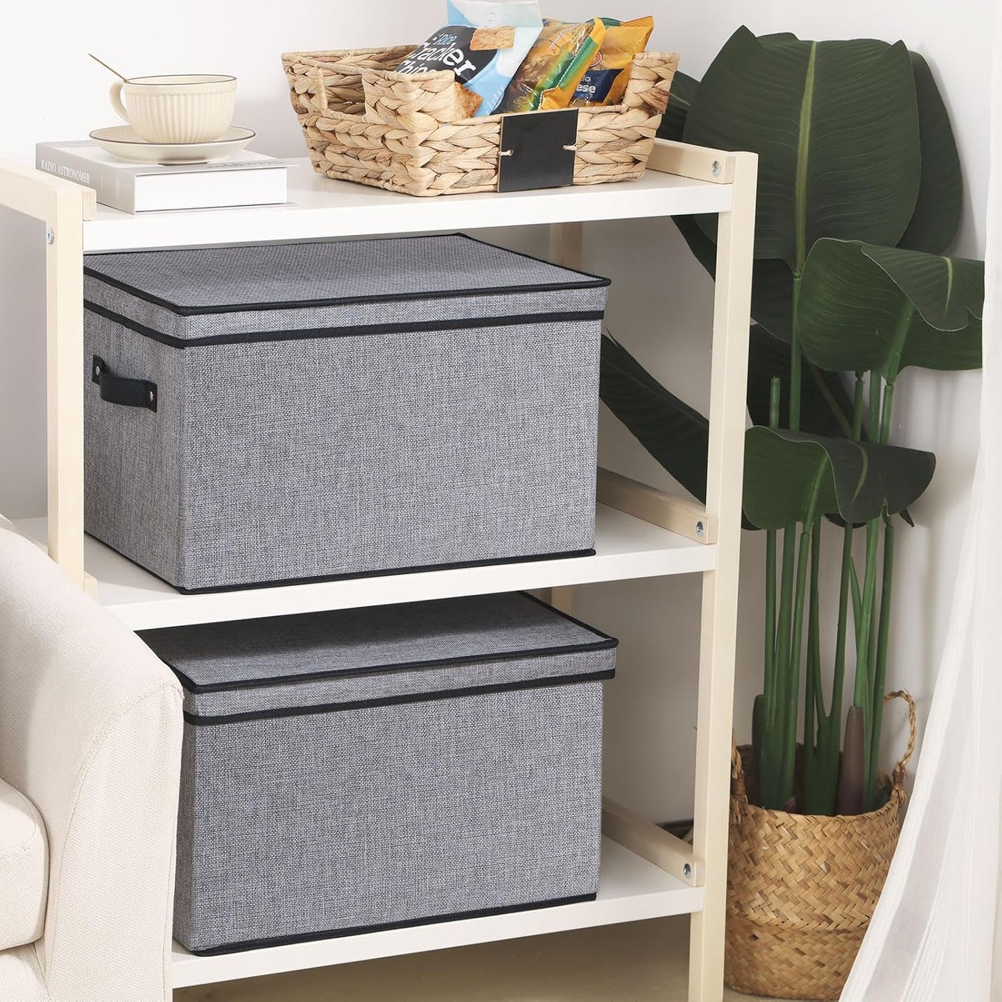 Fabric Storage Boxes, 3 Pack Large 16.5 x 11.8 x 10.2 Inch Baskets with Lids, Decorative Linen Closet Organizers with