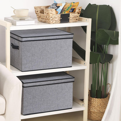 Fabric Storage Boxes, 15 x 9.8 x 8.3 Inch Bins with Lids, Medium Gray Decorative Linen Closet Organizers with Handles,